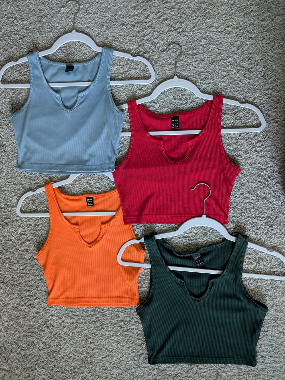 SHEIN Ribbed V-Notch Crop Tops - Light Blue, Red, Orange, Dark Green